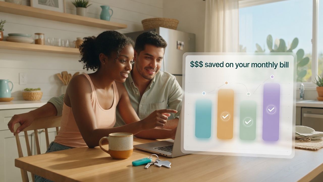 A couple at their kitchen table comparing internet providers on a laptop, with a chart showing dollars saved on their monthly bill